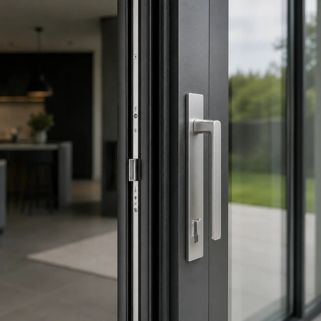 Close up of AP400 lift and slide door handle and slim aluminium frame