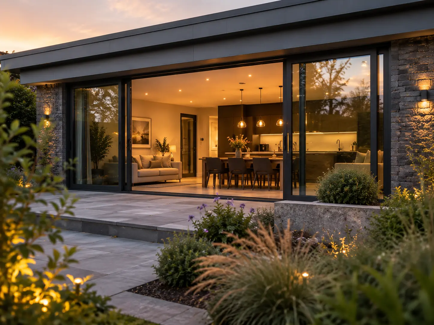 Modern Irish home with AP400 lift and slide doors at golden hour